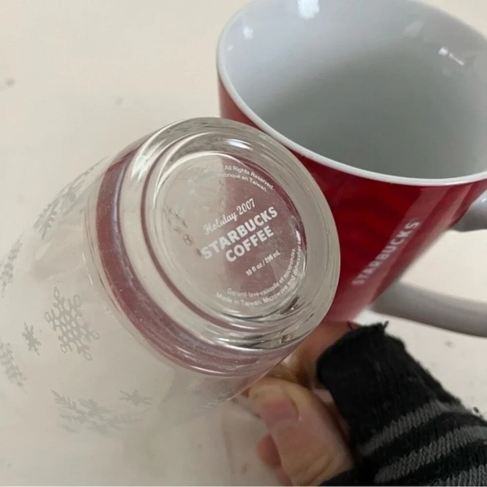STARBUCKS Mugs Lot of Two Holiday Mugs Red White Ceramic Clear Glass